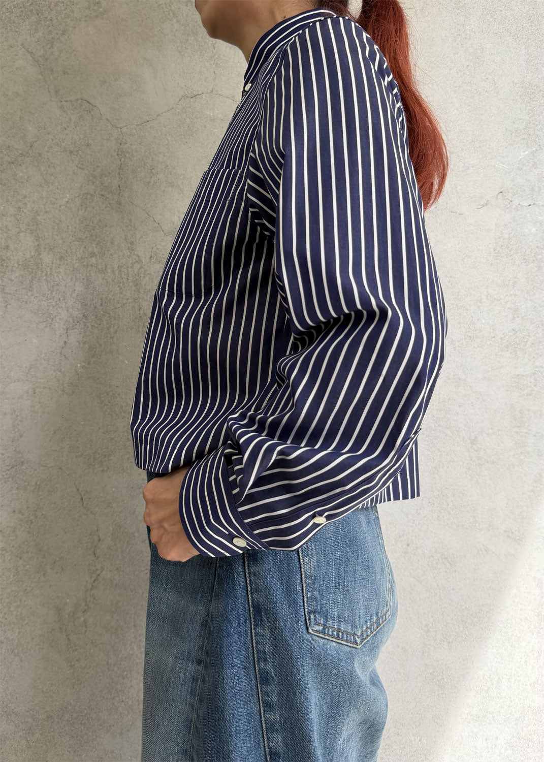 
                  
                    PENCIL STRIPED CROPPED B.D SHIRT
                  
                