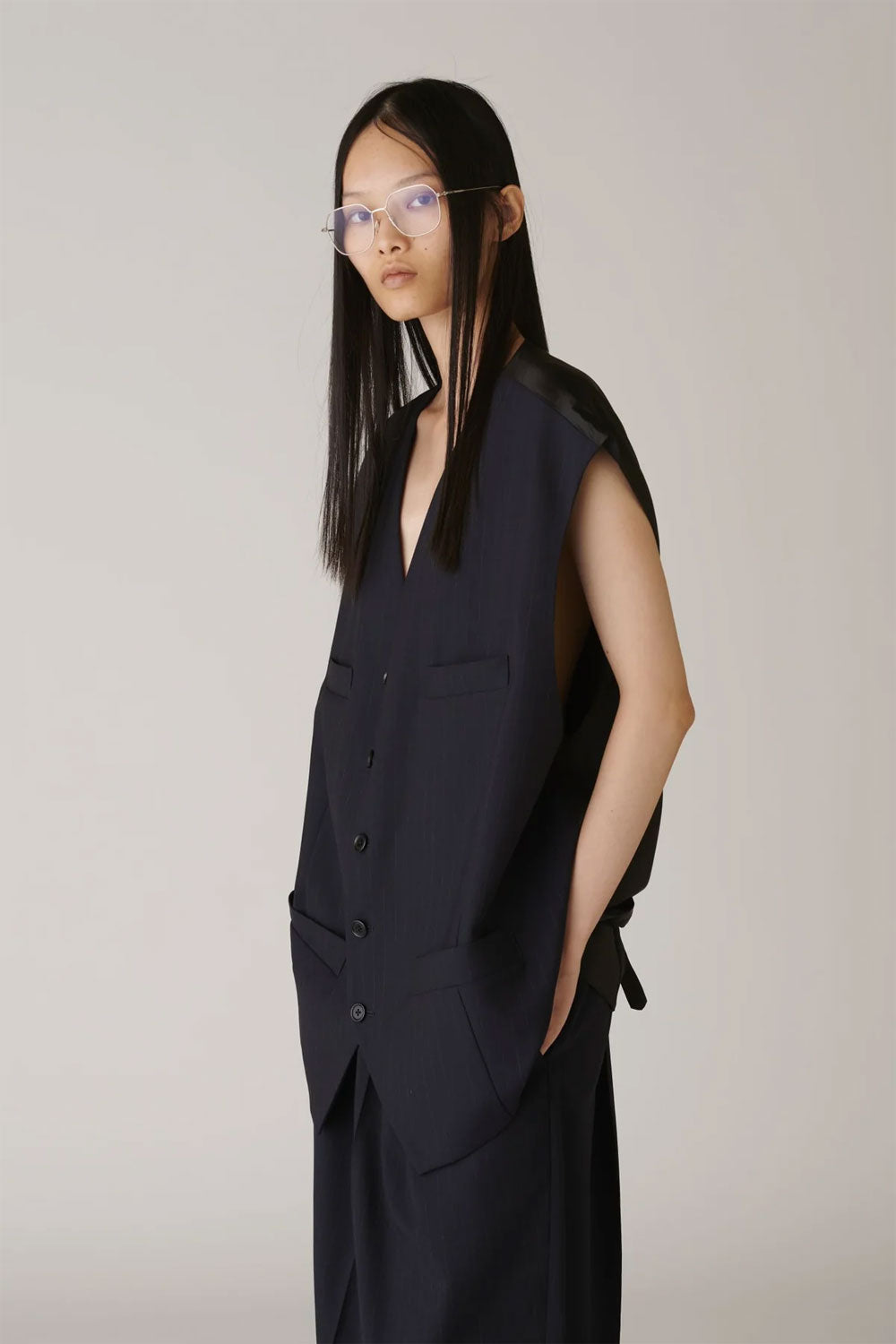 
                  
                    Wool Over Size Gilet-NAVY STRIPE-
                  
                