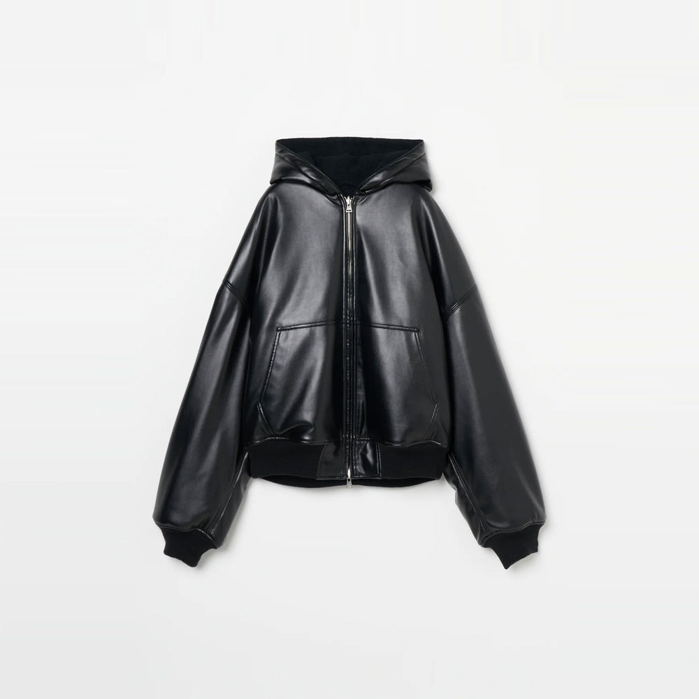 Leather Zip Up Hoodie-BLACK-