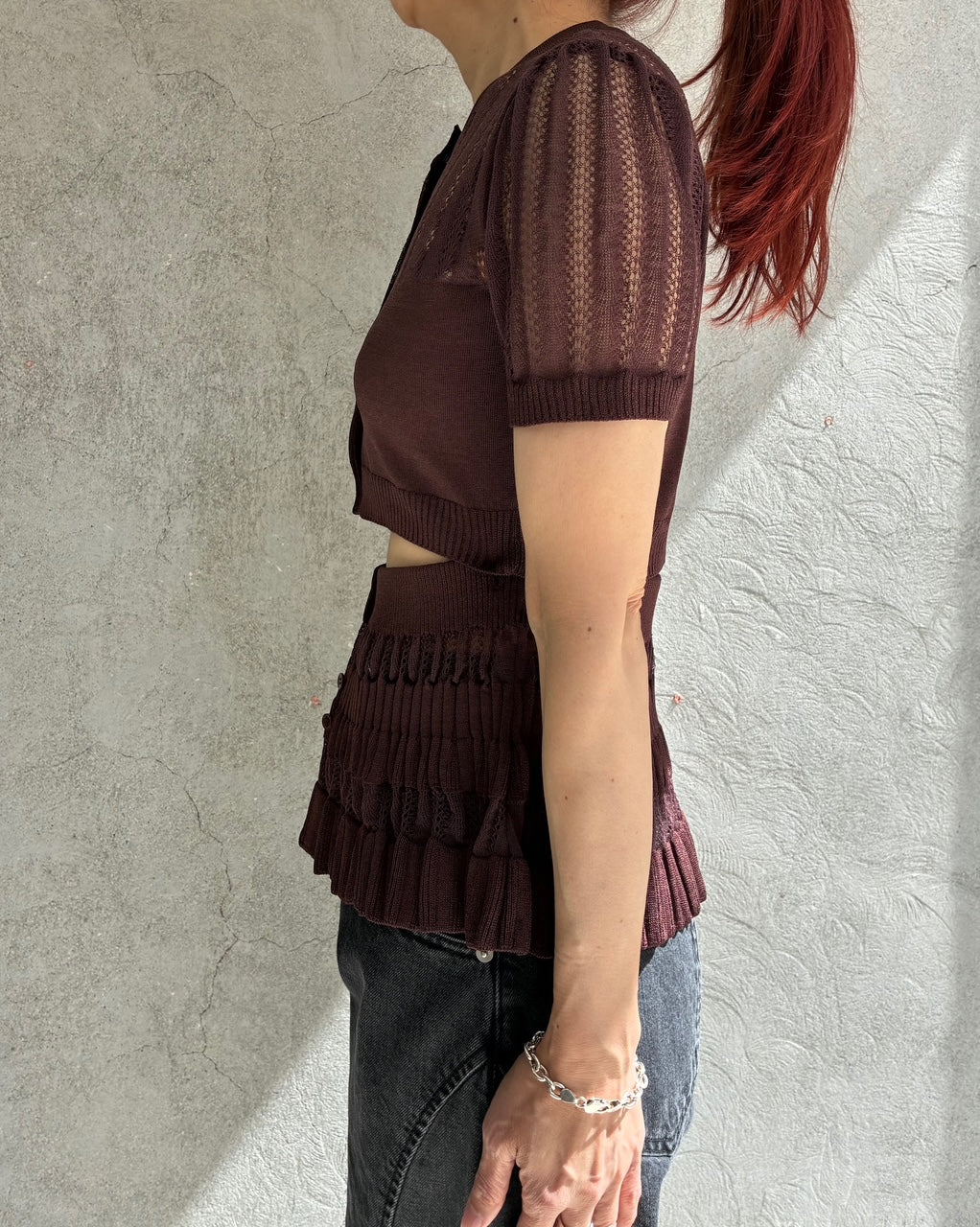
                  
                    CONVERTIBLE SHEER STRIPE KNIT CARDIGAN -BROWN-
                  
                
