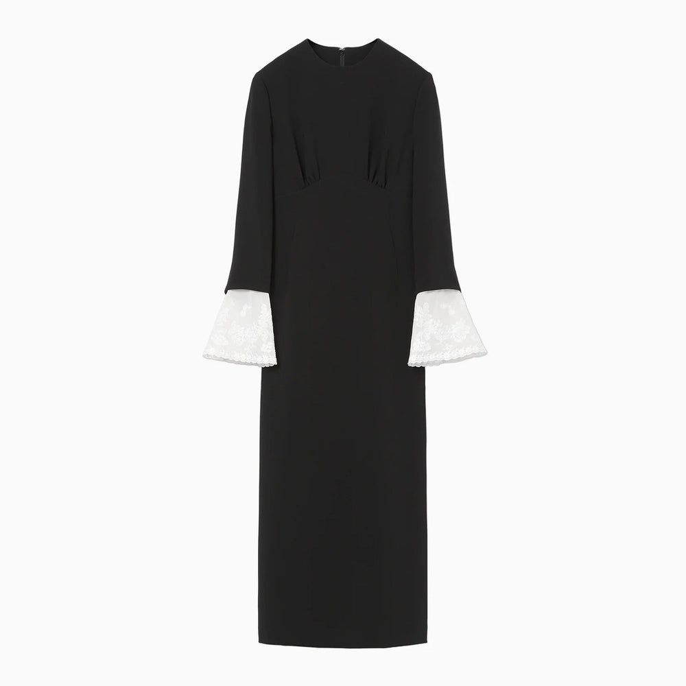 Triacetate Georgette Embroidered Cuffs I-Line Dress - black