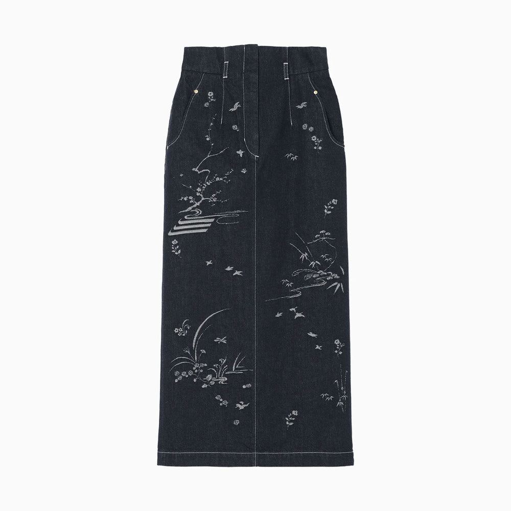 Nature Pattern Jacquard Denim Skirt - blue