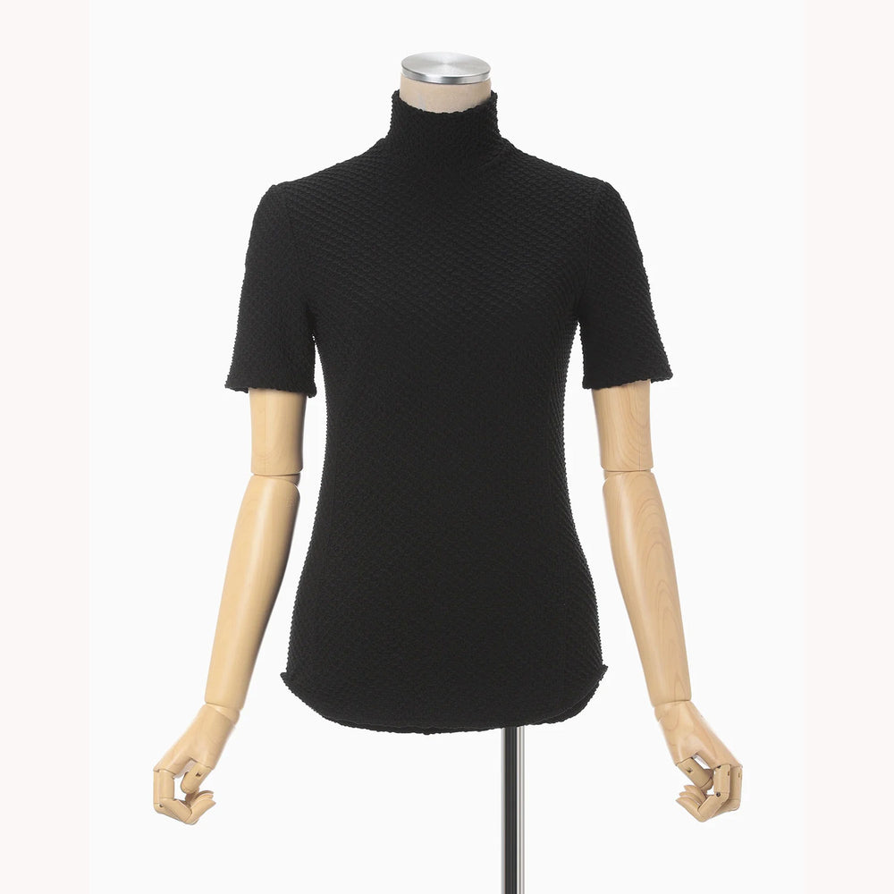 Shirring Jersey Jacquard High Neck Top - black – OBLIGE