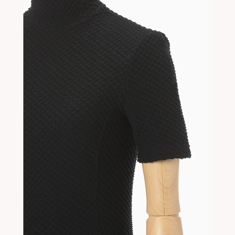 Shirring Jersey Jacquard High Neck Top - black – OBLIGE