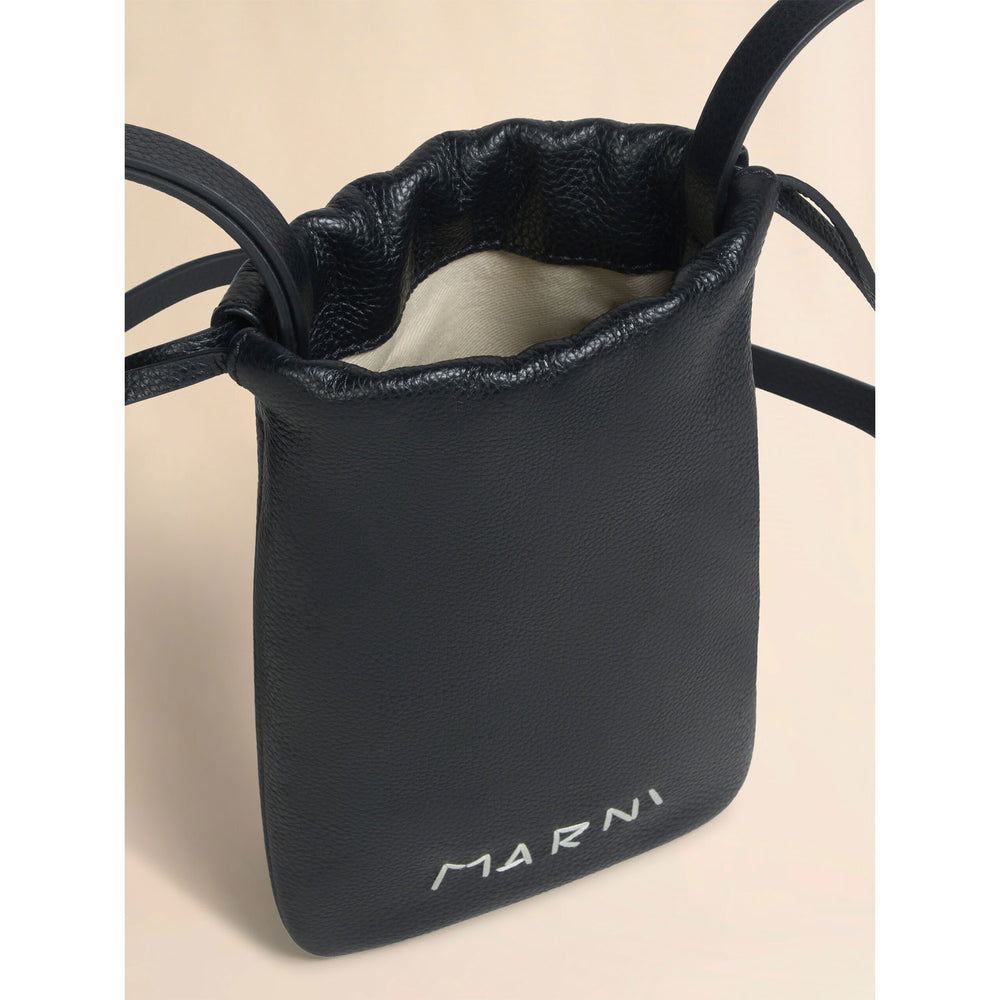 Black leather drawstring smartphone holder with Marni mending – OBLIGE