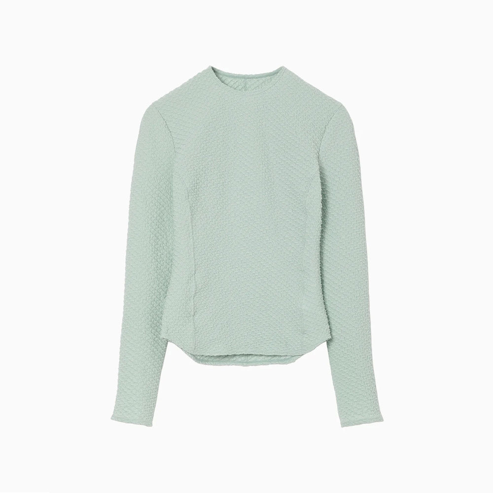 Shirring Jersey Jacquard Long Sleeve Top - light blue
