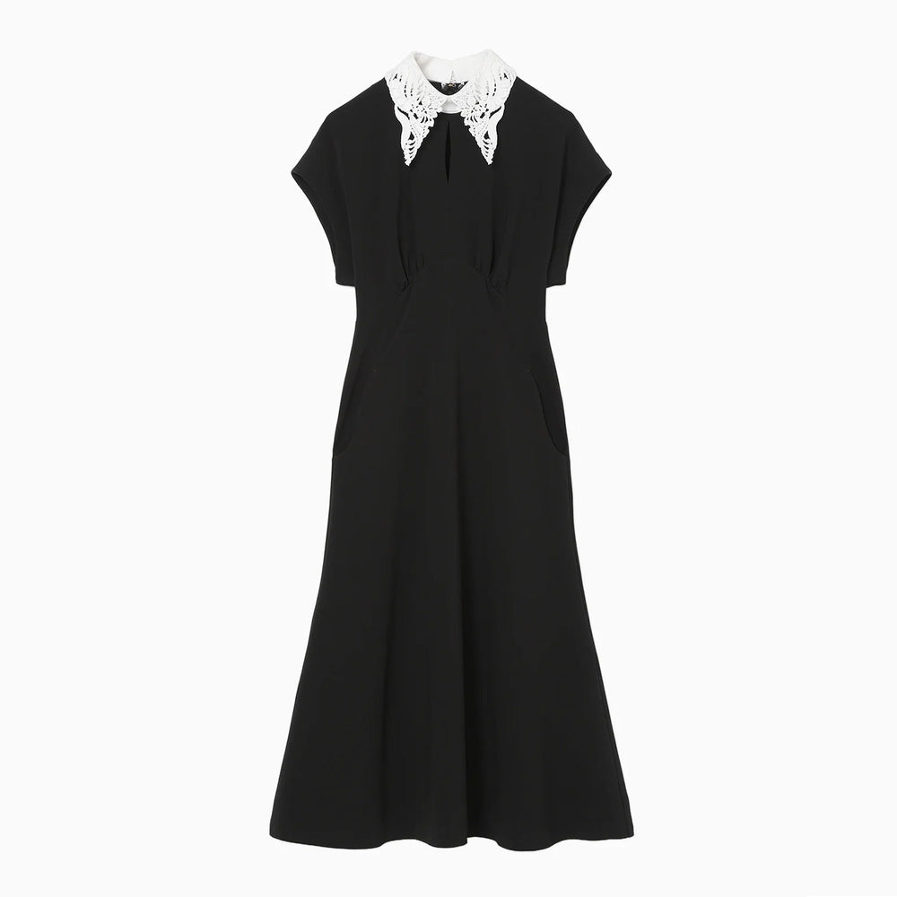Triacetate Georgette Embroidered Collar Flared Dress - black