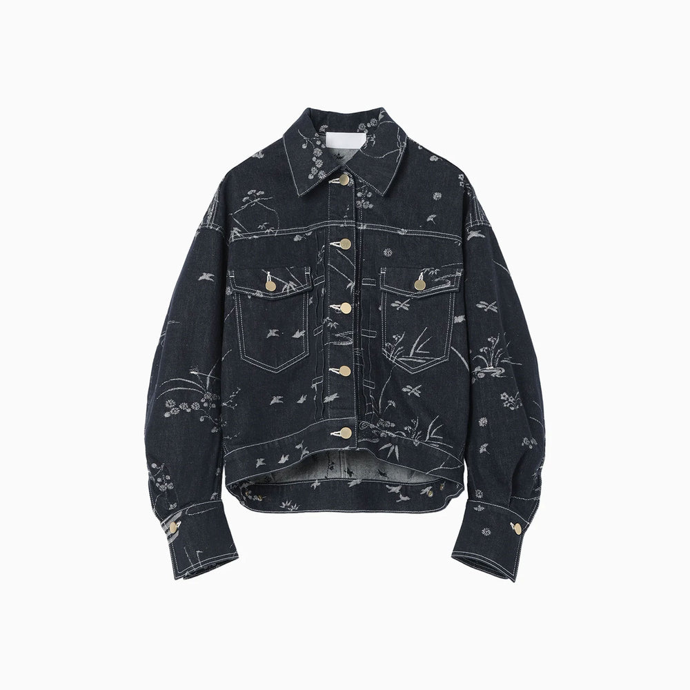 Nature Pattern Jacquard Short Denim Jacket - blue
