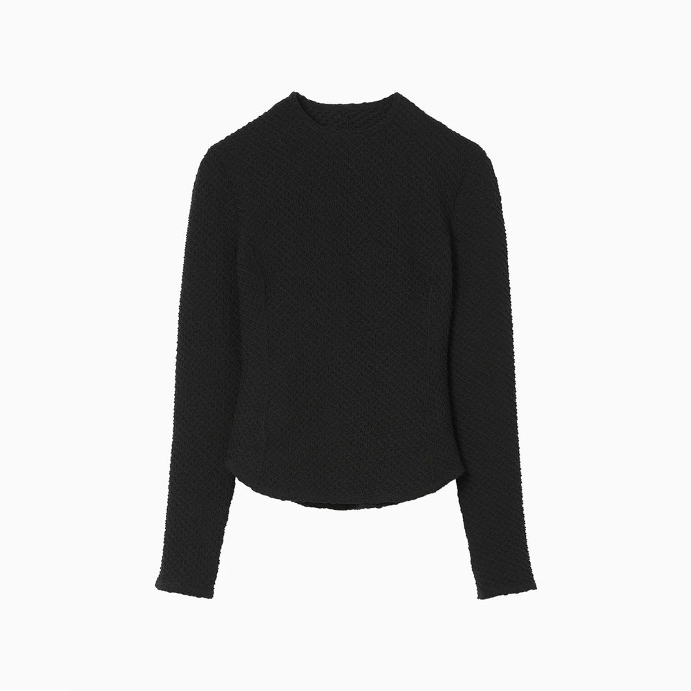 Shirring Jersey Jacquard Long Sleeve Top - black