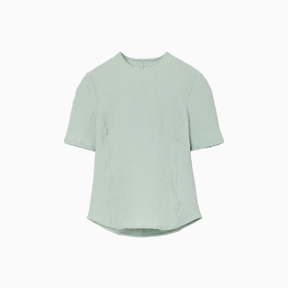 Shirring Jersey Jacquard Short Sleeve Top - light blue
