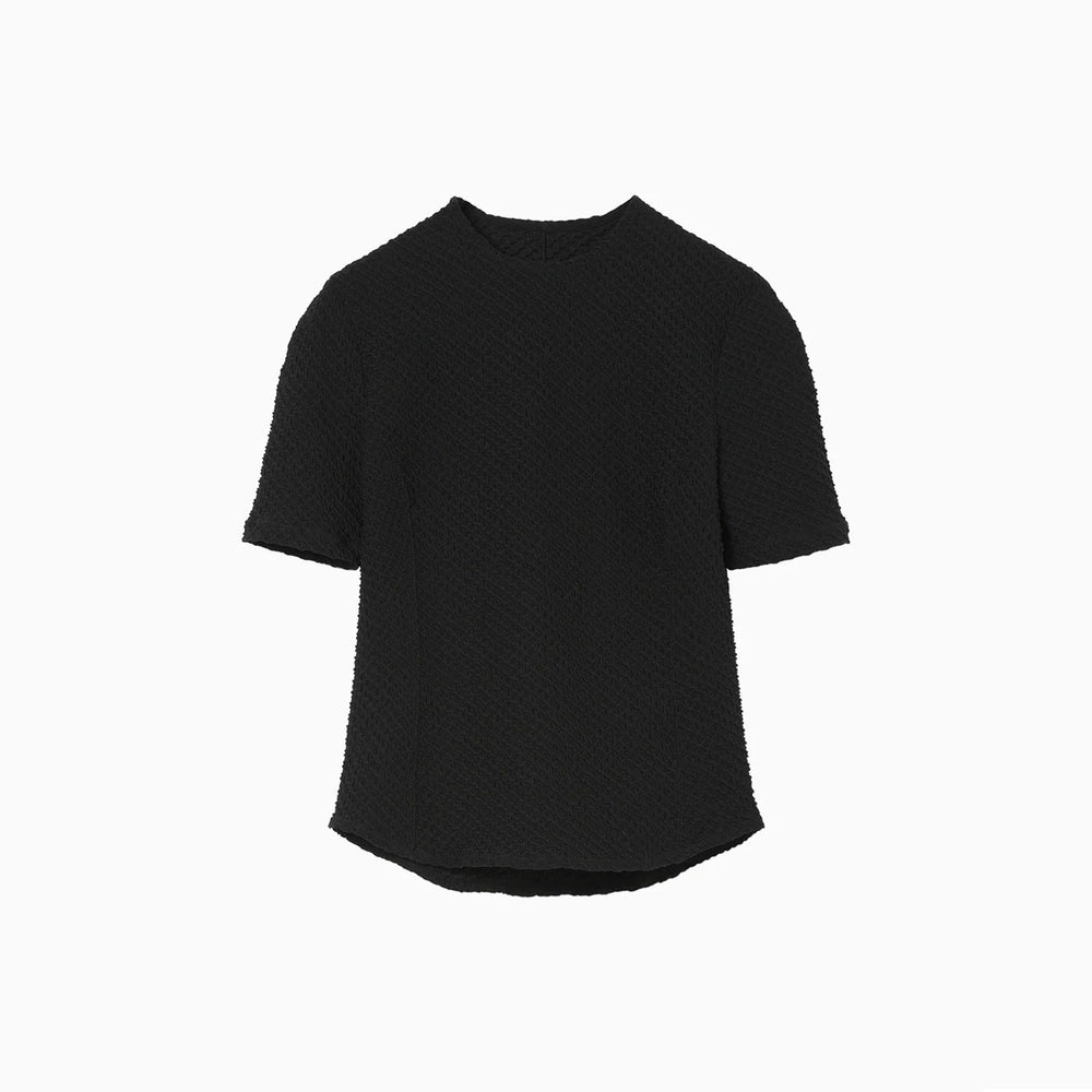 Shirring Jersey Jacquard Short Sleeve Top - black