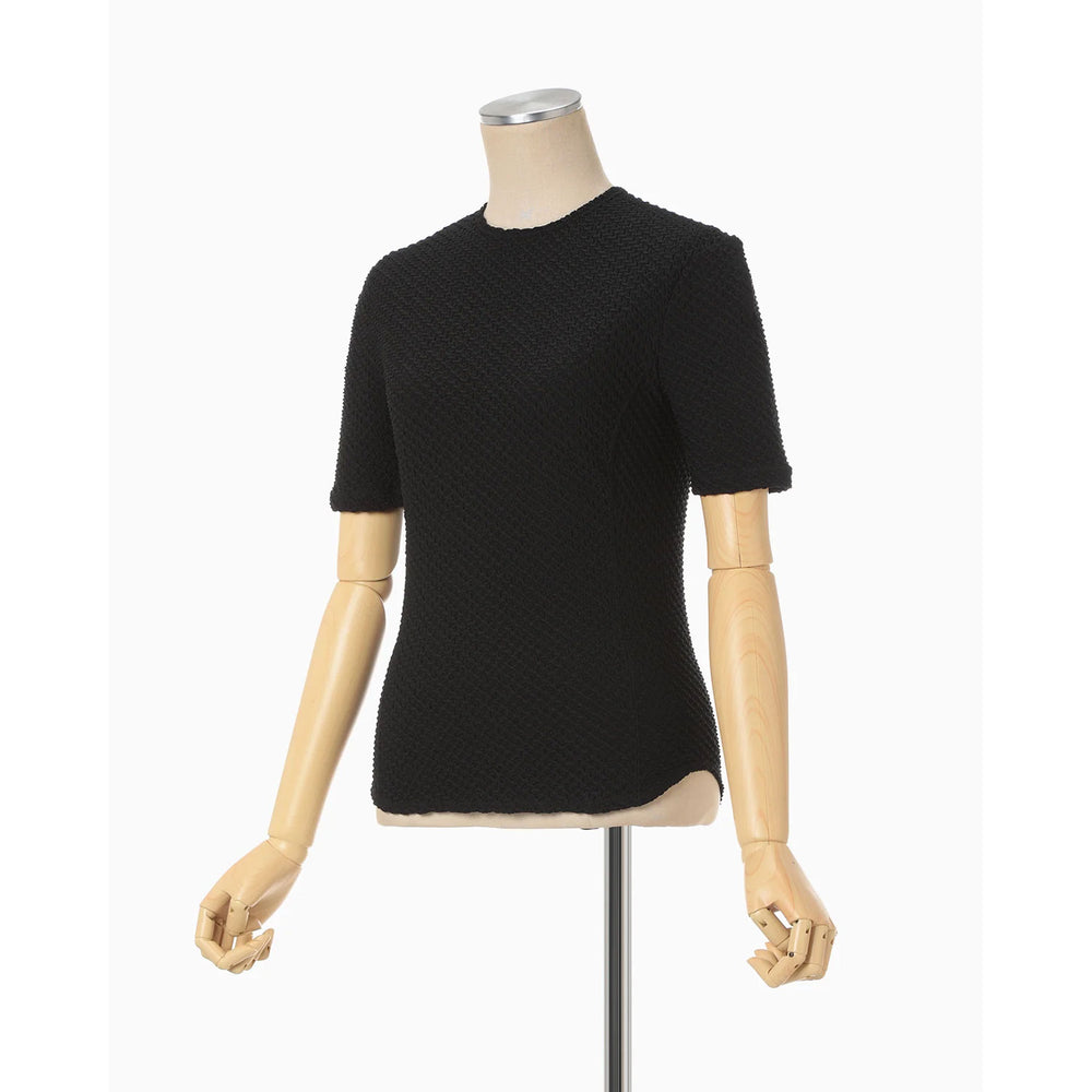 Shirring Jersey Jacquard Short Sleeve Top - black – OBLIGE