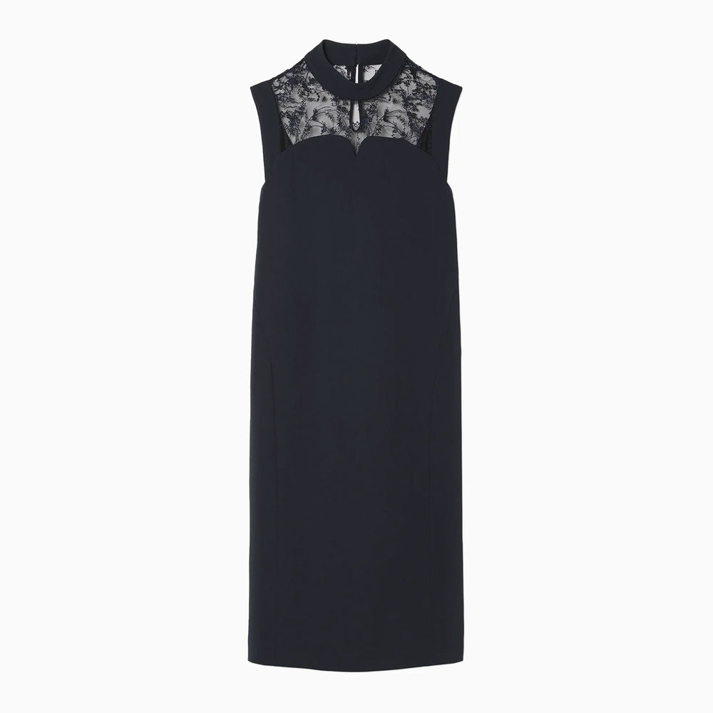 Acetate Polyester Floral Lace-Collar Sleeveless Dress - navy