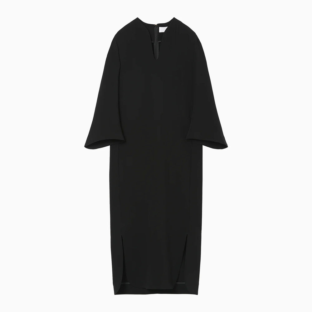 Acetate Polyester V-Neck Dress - black