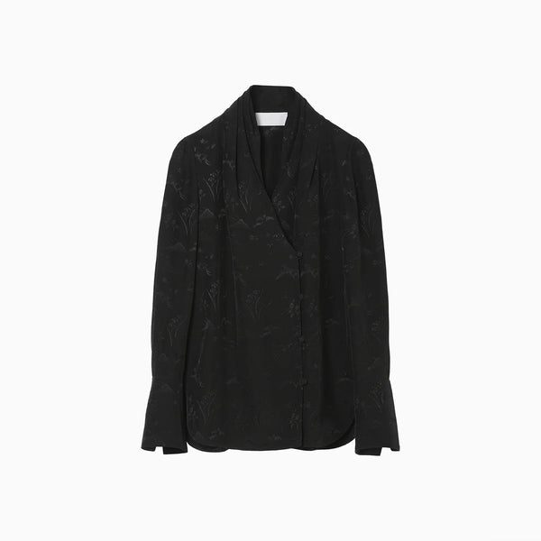 Viscose Rayon Floral Jacquard Double Breasted Shirt - black- – OBLIGE