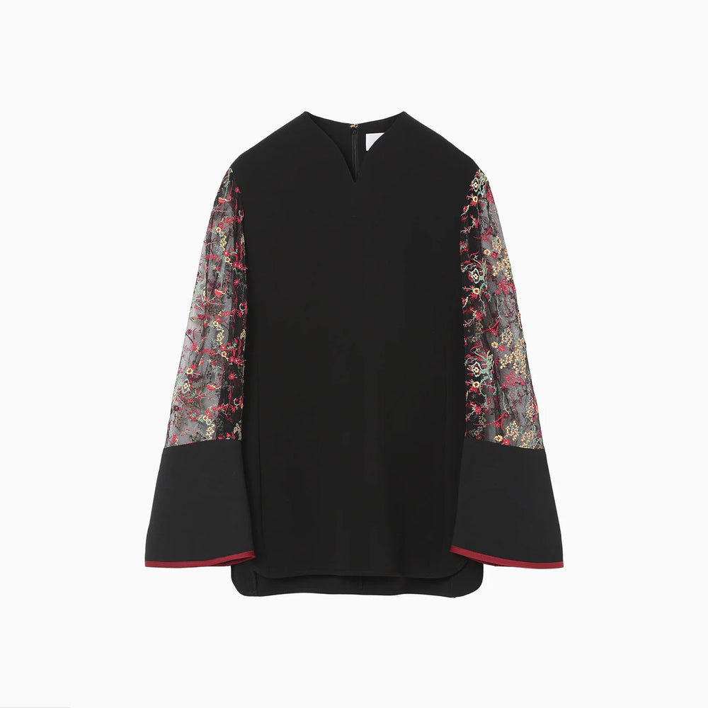 Acetate Polyester Floral Lace-Sleeve Shirt