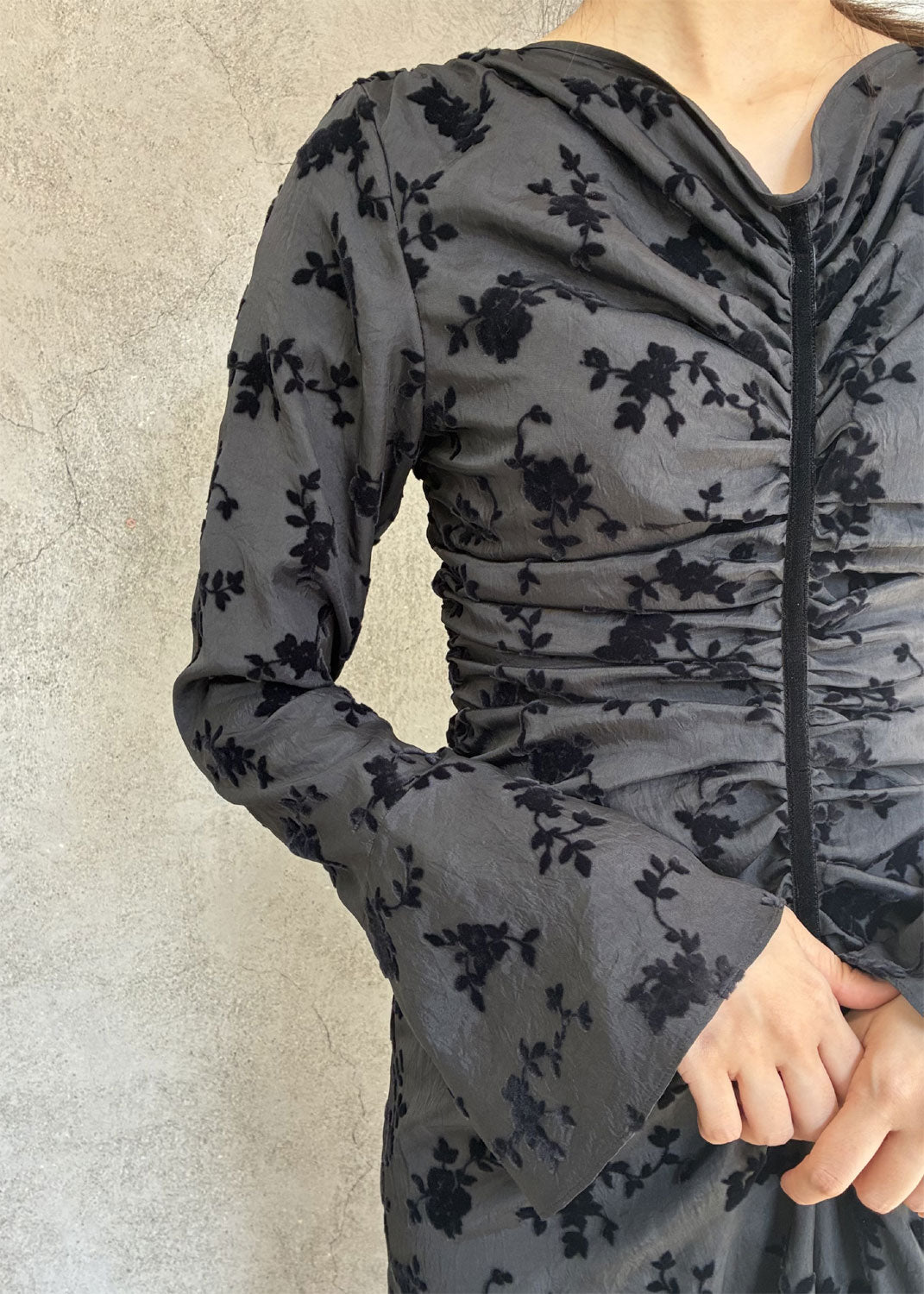 
                  
                    FLOCKED ROSE PRINT GATHERED DRESS
                  
                