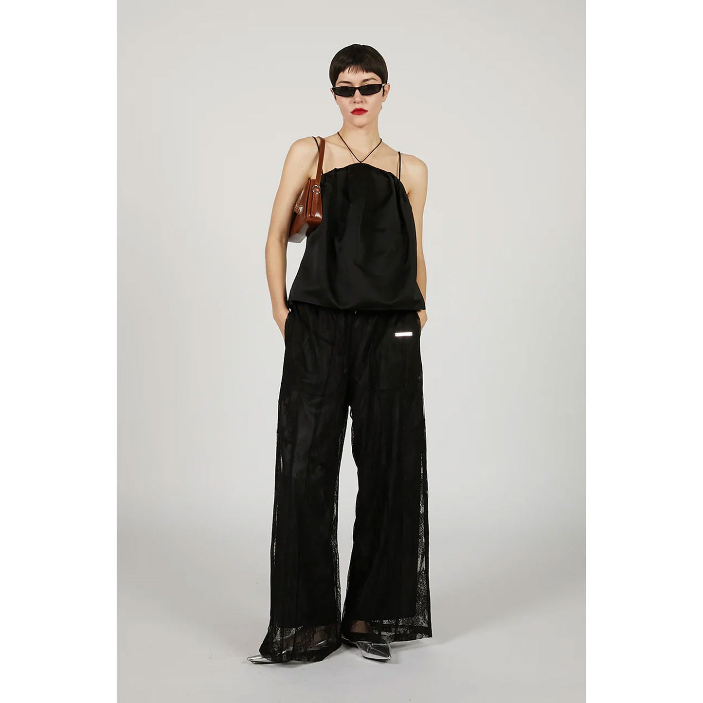 
                  
                    Lace Blocking Satin Pants-BLACK-
                  
                