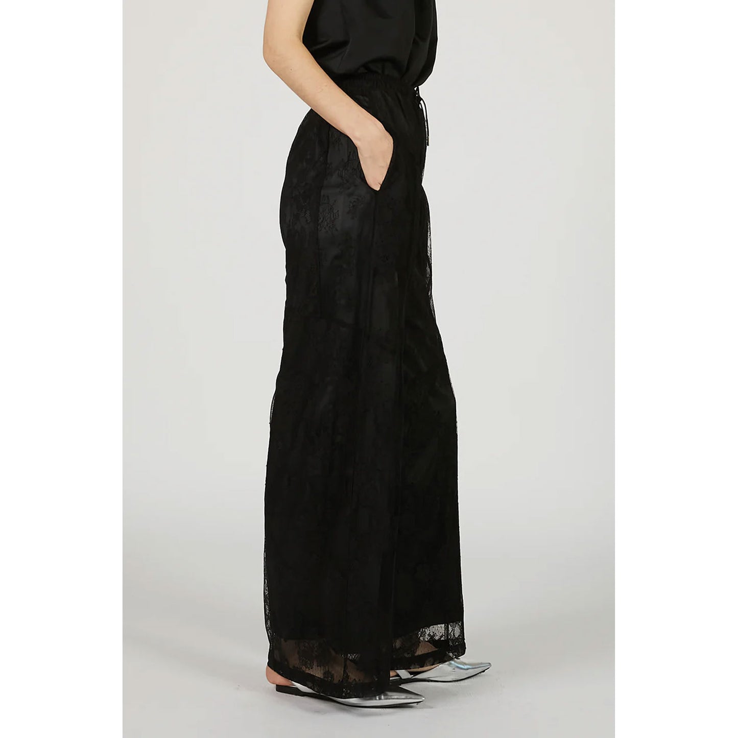 
                  
                    Lace Blocking Satin Pants-BLACK-
                  
                