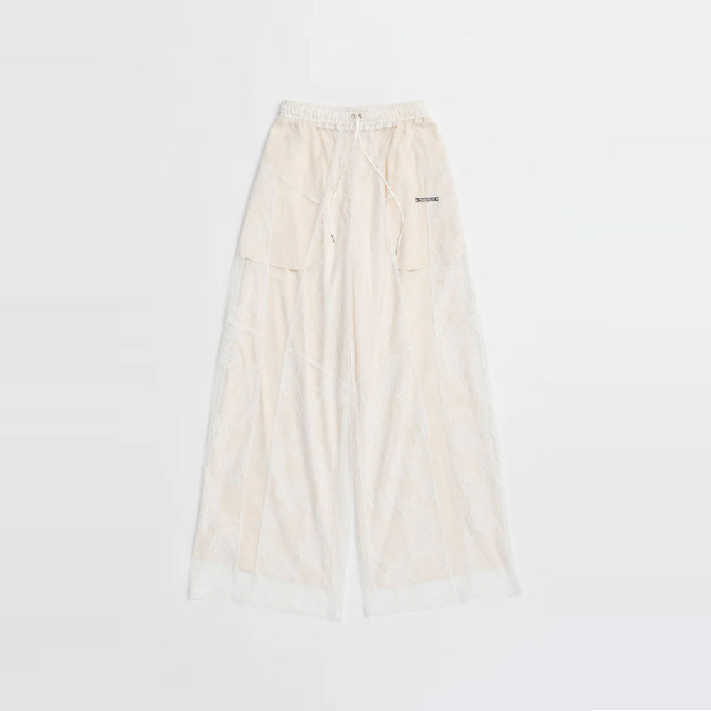 Lace Blocking Satin Pants-IVORY-