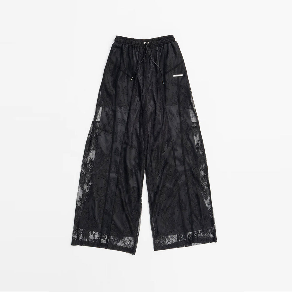 Lace Blocking Satin Pants-BLACK-