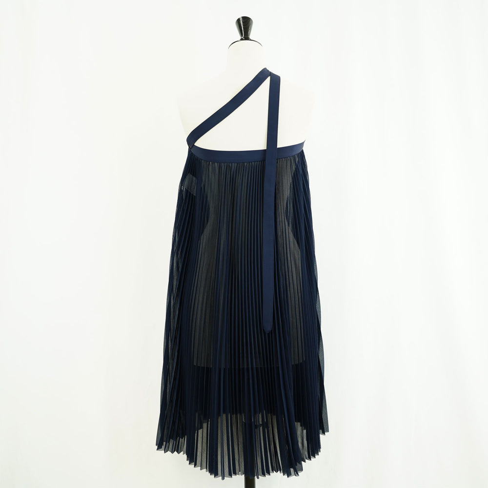 SHEER PLEATED WRAP DRESS‐NAVY- – OBLIGE