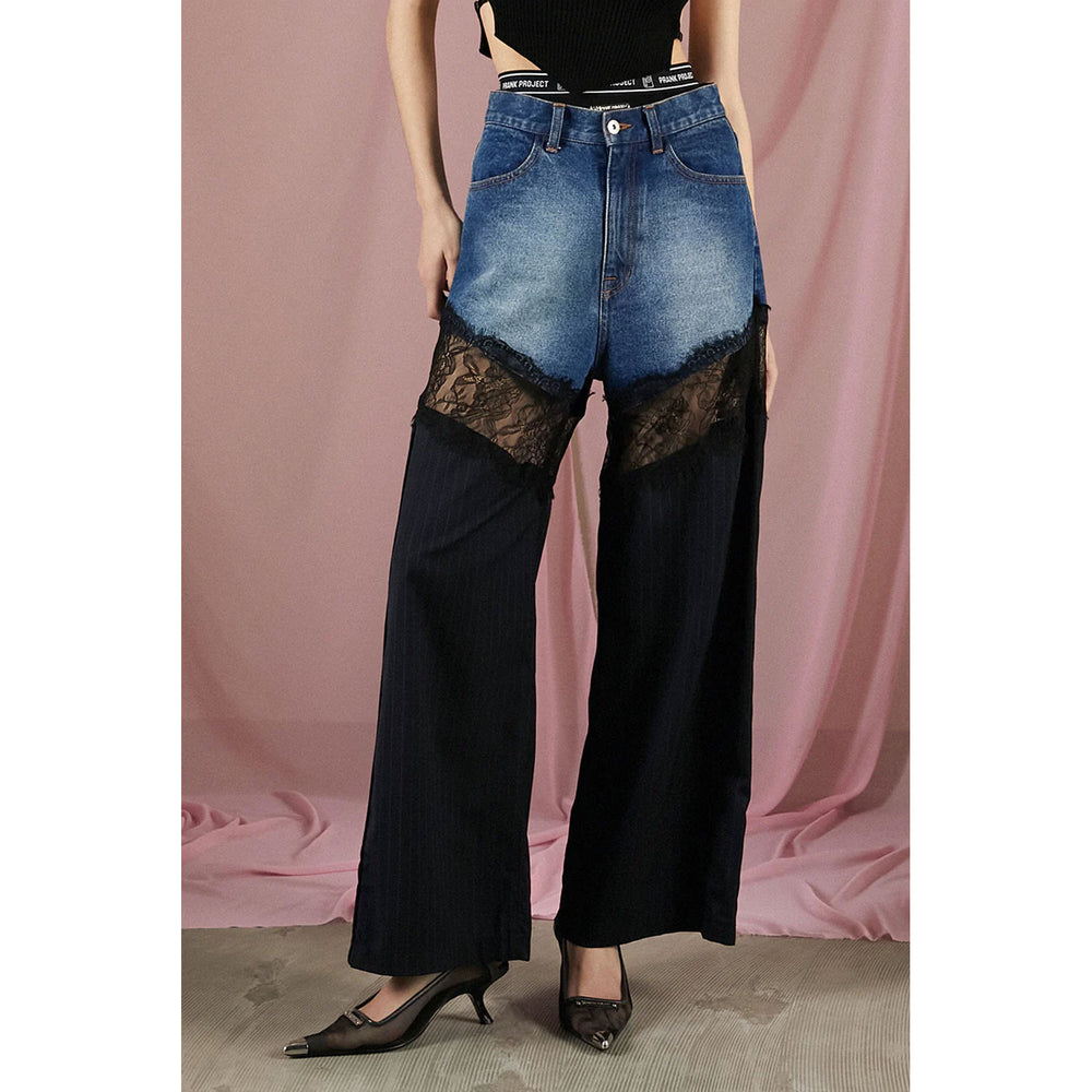 
                  
                    Denim Lace Blocking Pants-BLUE-
                  
                