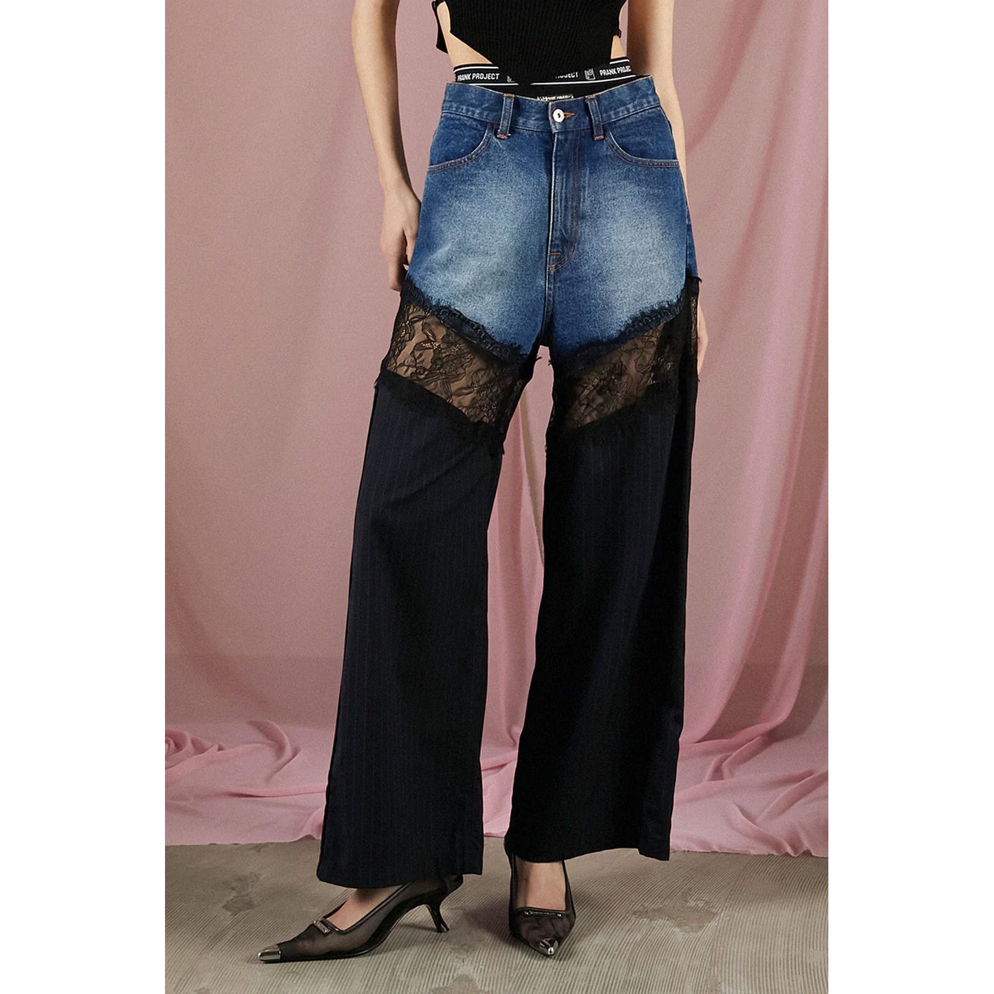 
                  
                    Denim Lace Blocking Pants-BLUE-
                  
                