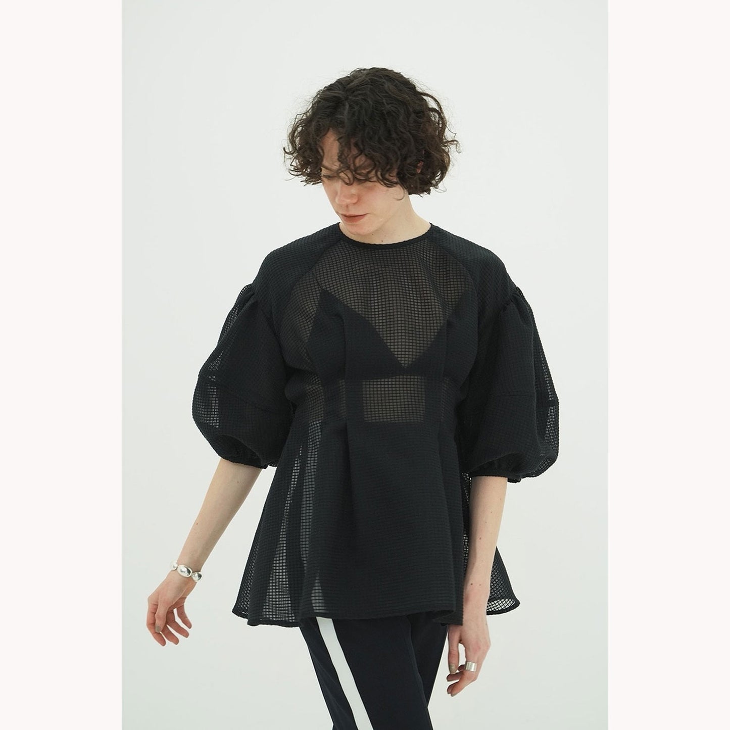 
                  
                    SHEER PLAID VOLUME SLEEVE TOPS -BLACK-
                  
                
