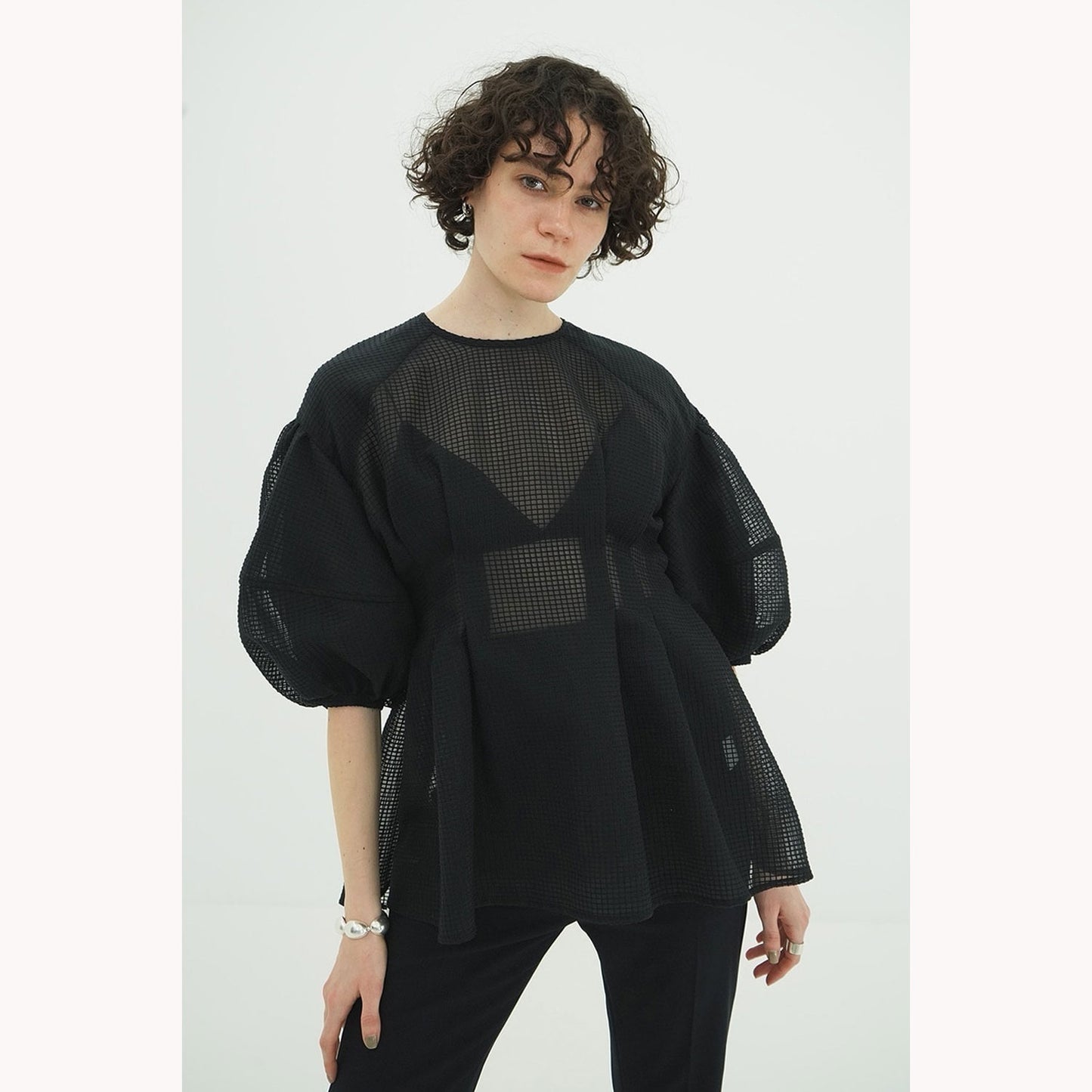 
                  
                    SHEER PLAID VOLUME SLEEVE TOPS -BLACK-
                  
                