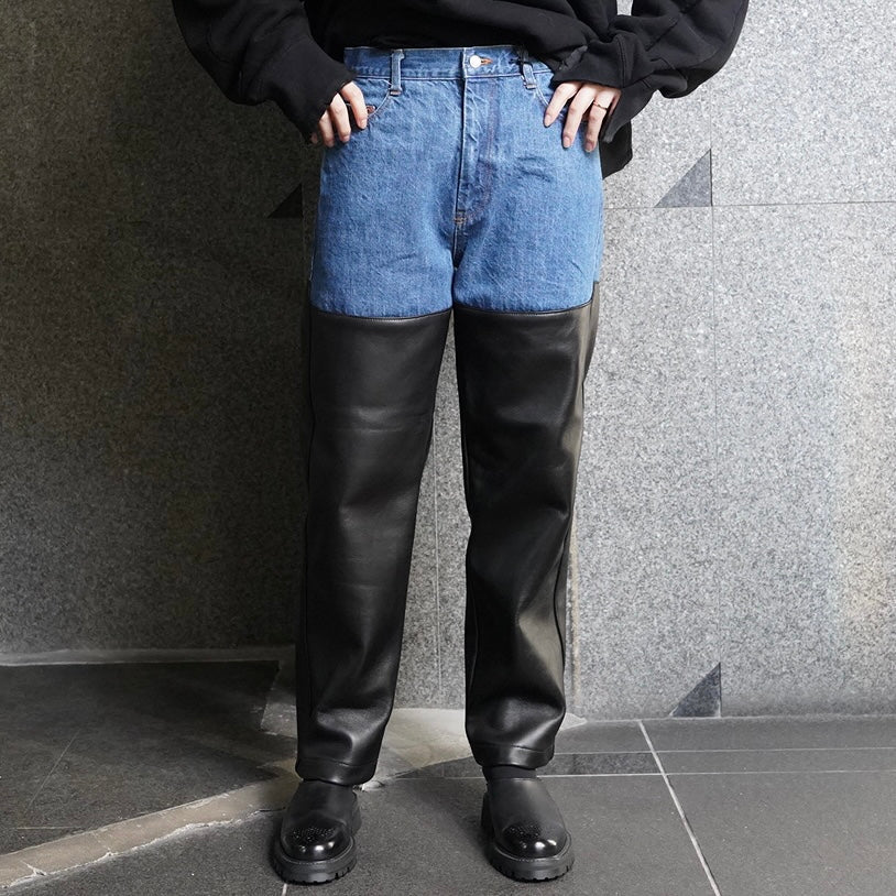 
                  
                    Leather Combination Denim Jeans -L.INDIGO
                  
                