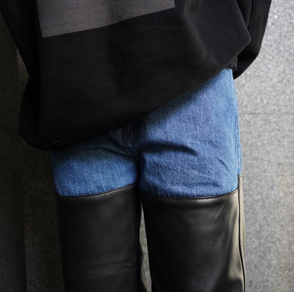 
                  
                    Leather Combination Denim Jeans -L.INDIGO
                  
                